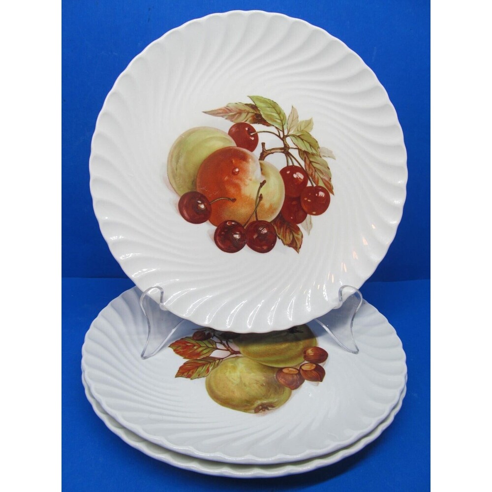 Burleigh Ironstone Set Of 3 Fruit Design 8" Swirl Plates Staffordshire England